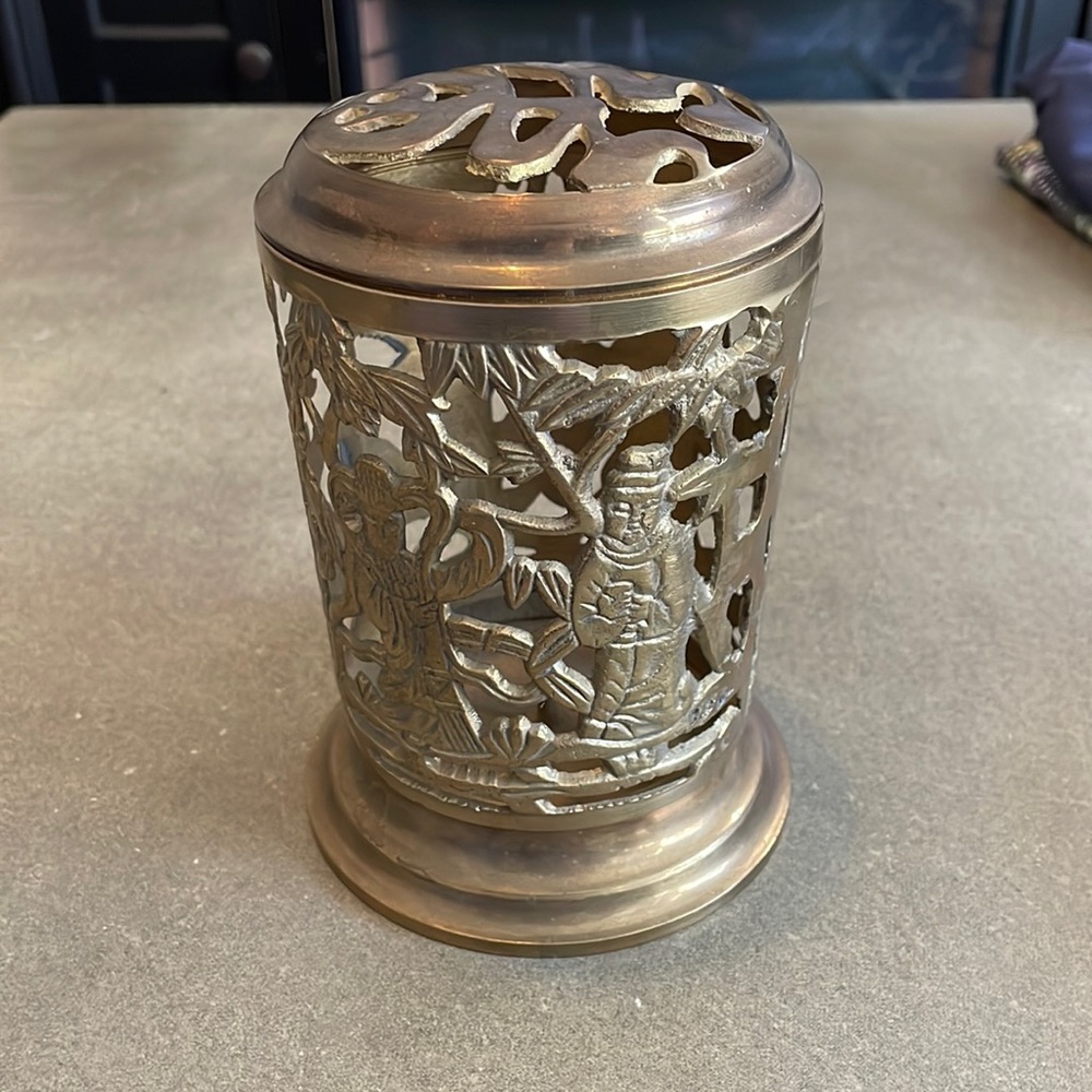 Vintage Ornate Openwork Filigree Scenic Brass Large Incense Burner
